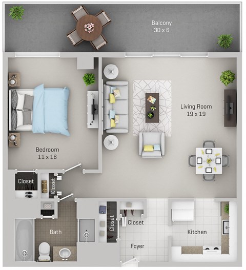 Floor plan for 1 bed, 1 bath, 800 sqft